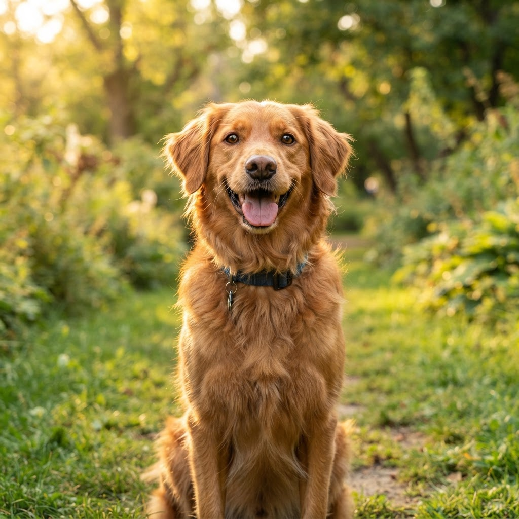 A happy golden dog in a park